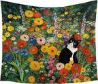 gsgfdshf Gustav Klimt Inspired Tuxedo Cat Wall Tapestry, Cat Room Decor, Colorful Floral Black and White Kitty Tapestry Wall Hanging for Bedroom Living Room Home Decor, 50x60 Inch