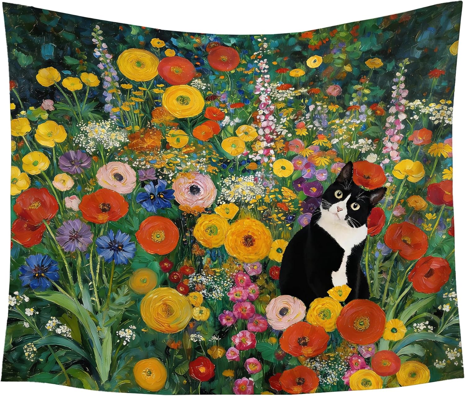 gsgfdshf Gustav Klimt Inspired Tuxedo Cat Wall Tapestry, Cat Room Decor, Colorful Floral Black and White Kitty Tapestry Wall Hanging for Bedroom Living Room Home Decor, 50x60 Inch