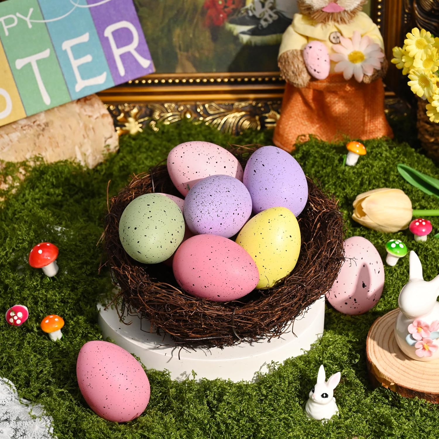 Waipfaru 20 Pcs Easter Eggs, 2.4'' Plastic Speckled Easter Eggs and Vase Filler, Pastel Easter Eggs for DIY Spring Farmhouse Home Table Easter Decorations (Purple, Pink, Yellow, Green)