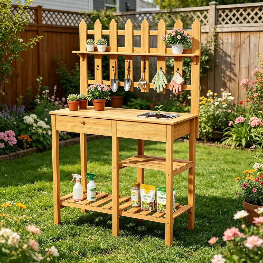Outdoor Potting Bench, Wooden Potting Table with Built-in Sink, Drawer, Hooks & Storage Shelves – Large Gardening Bench for Outside Garden Workstation, Backyard Patio Balcony, Brown