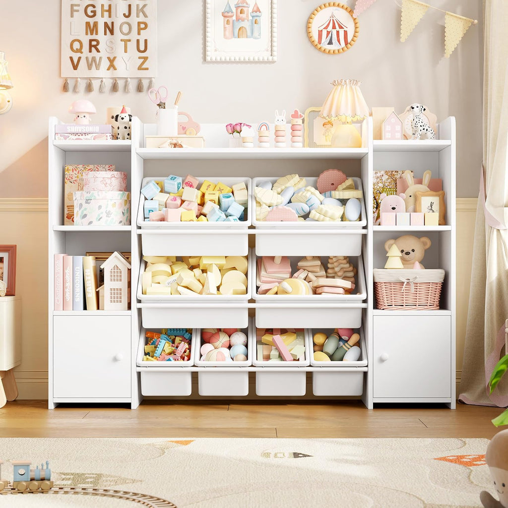 FOTOSOK Toy Storage Organizer with 8 Toy Bins, Toy Organizer Kids Bookshelf with 6 Storage Cubbies, Stuffed Animal Storage Organizer, Playroom Storage and Toy Chest, White