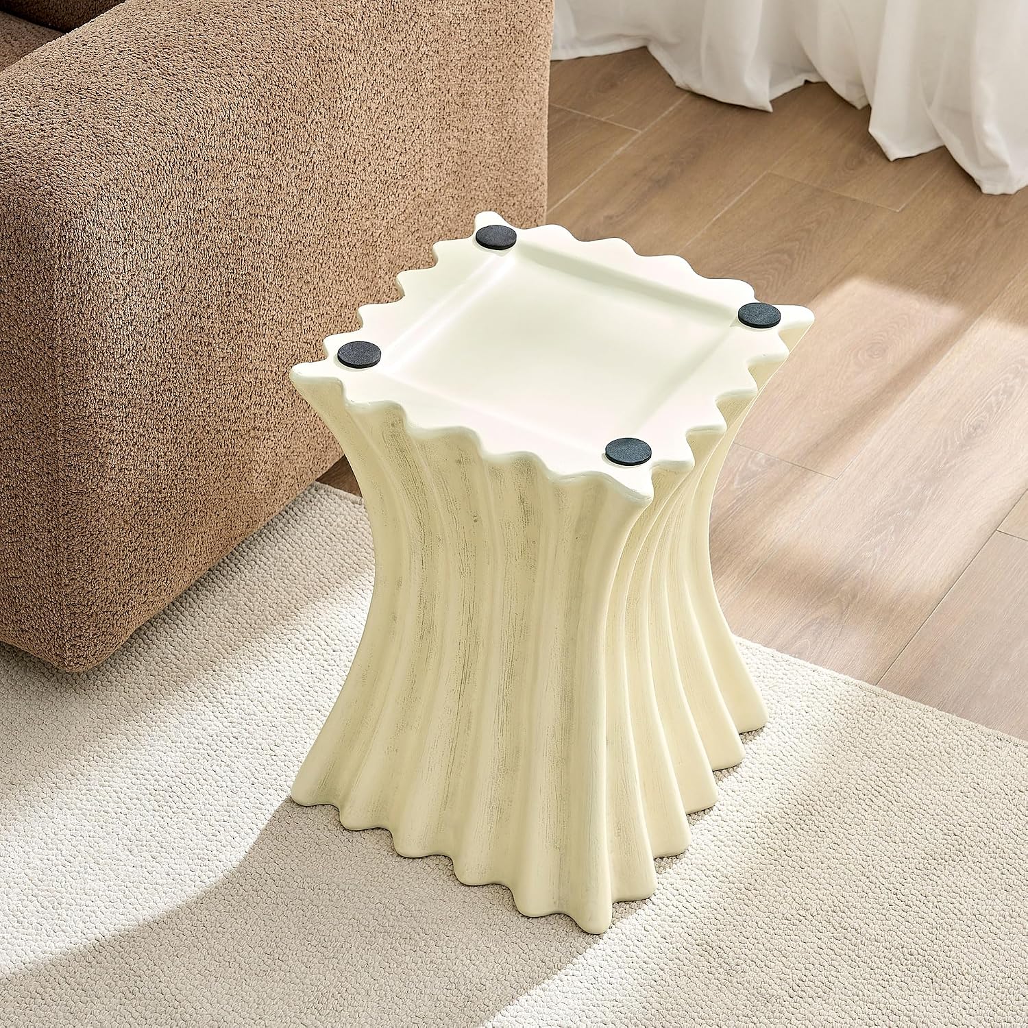 15.16" Square Sofa Side Table with Creative Wavy/Scallop Edge Design, Modern Creative Couch End Table Nightstand for Living Room Apartment Bedroom, No Need Assembly, (Fiberglass, Beige)