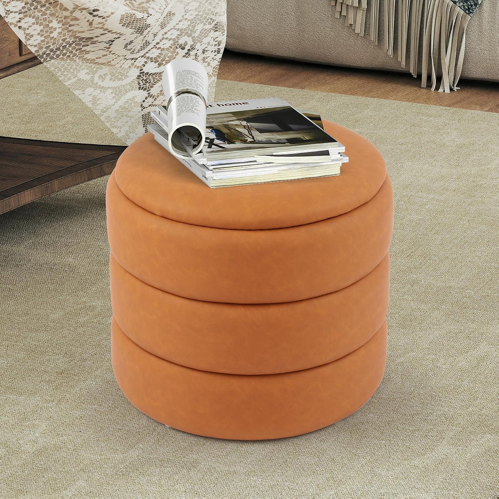 DAGONHIL Round Ottoman with Storage, PU Leather Footrest, Hidden Storage Ottoman Stool,Vanity Stool for Bedroom, Living Room, Entryway, Brown