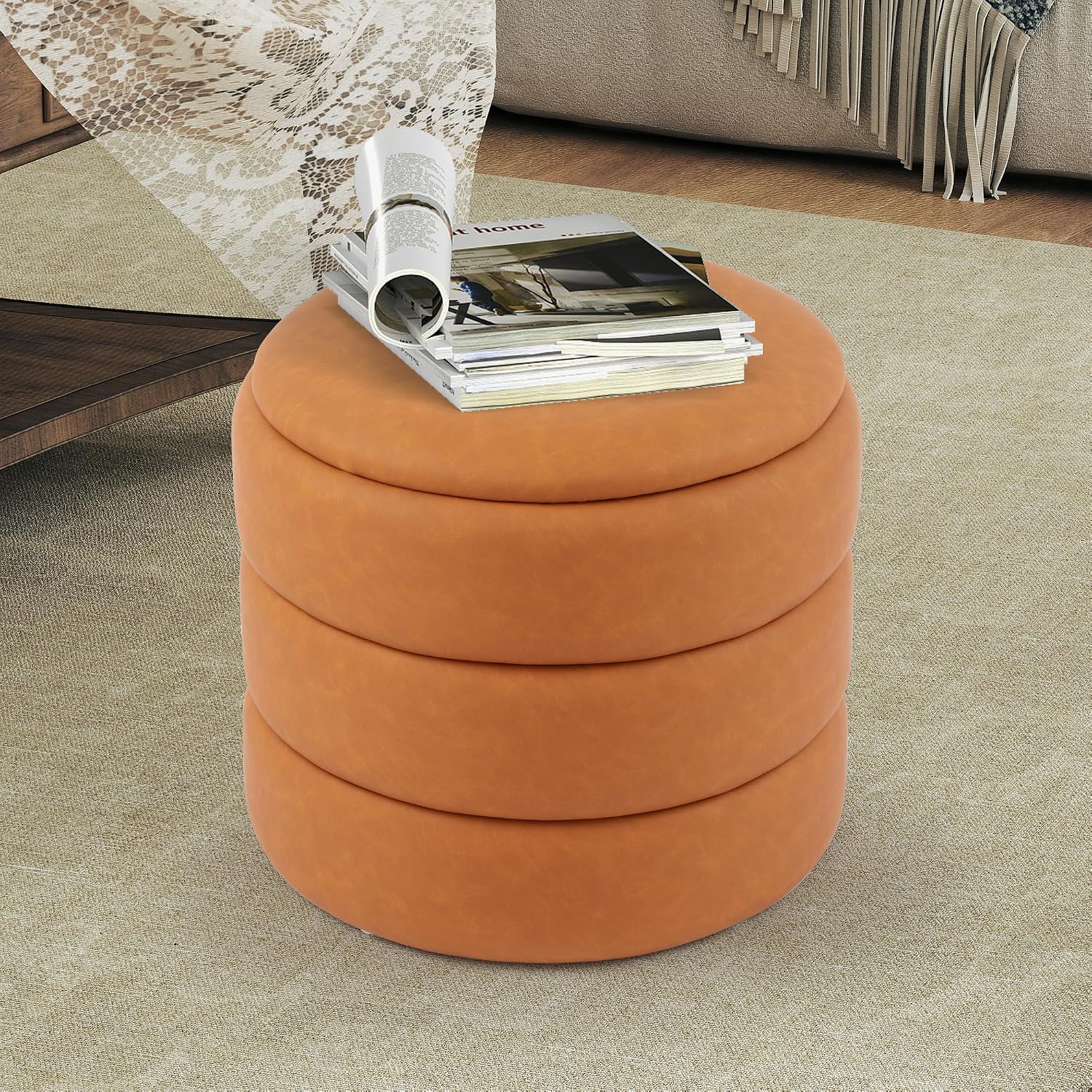 DAGONHIL Round Ottoman with Storage, PU Leather Footrest, Hidden Storage Ottoman Stool,Vanity Stool for Bedroom, Living Room, Entryway, Brown