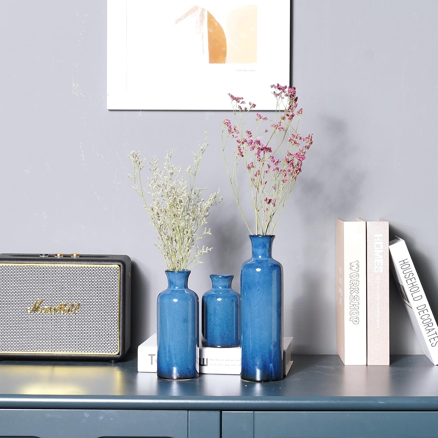 Ceramic Vase Set Home Decor - 3Pcs Modern Rustic Boho Geometric Blue Flowers Vase Decoration, Shelf Decor, Farmhouse Living Room Decoration, Decorative Gift Cynkeyee