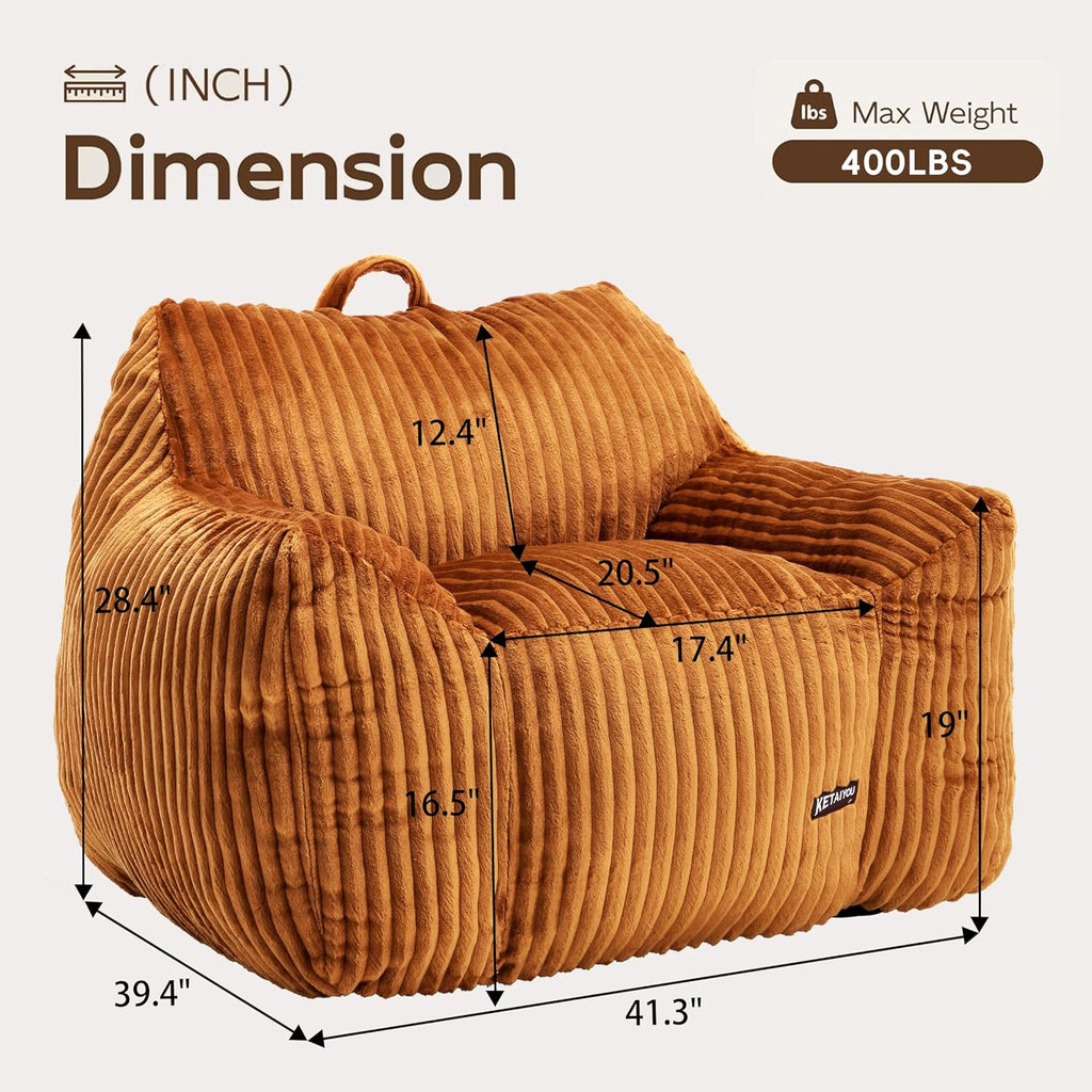 Large Bean Bag Chair for Adults Teens 41 Inch, Big Fluffy Beanbag Sofa with Back Support & Armrests, Plush Foam Filled Comfy Couch for Bedroom Gaming Living Room Reading (Orange)