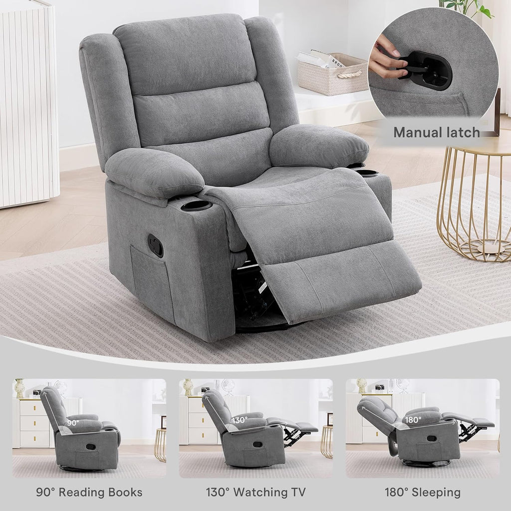 360°Swivel Rocking Chairs for Adult,Recliner Chair with Side Pockets and Cup Holders,Rocker Recliner with a Suitable for Living Rooms,Bedrooms,Light Grey