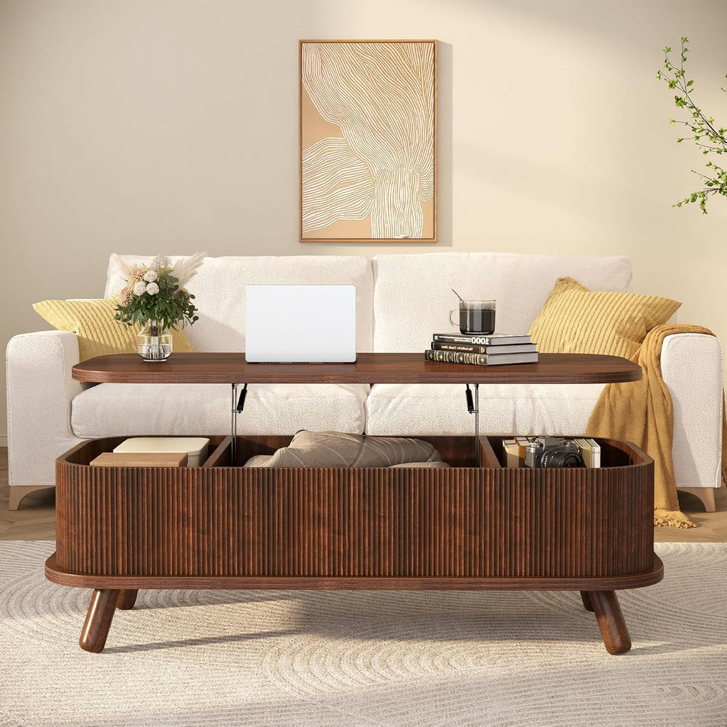 knoworld Fluted Lift Top Coffee Table with Storage, 47" Oval Coffee Table with 3-Partition Hidden Compartment, Mid Century Modern Wood Center Table for Living Room, Work & Dining from Sofa, Walnut