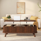 knoworld Fluted Lift Top Coffee Table with Storage, 47" Oval Coffee Table with 3-Partition Hidden Compartment, Mid Century Modern Wood Center Table for Living Room, Work & Dining from Sofa, Walnut