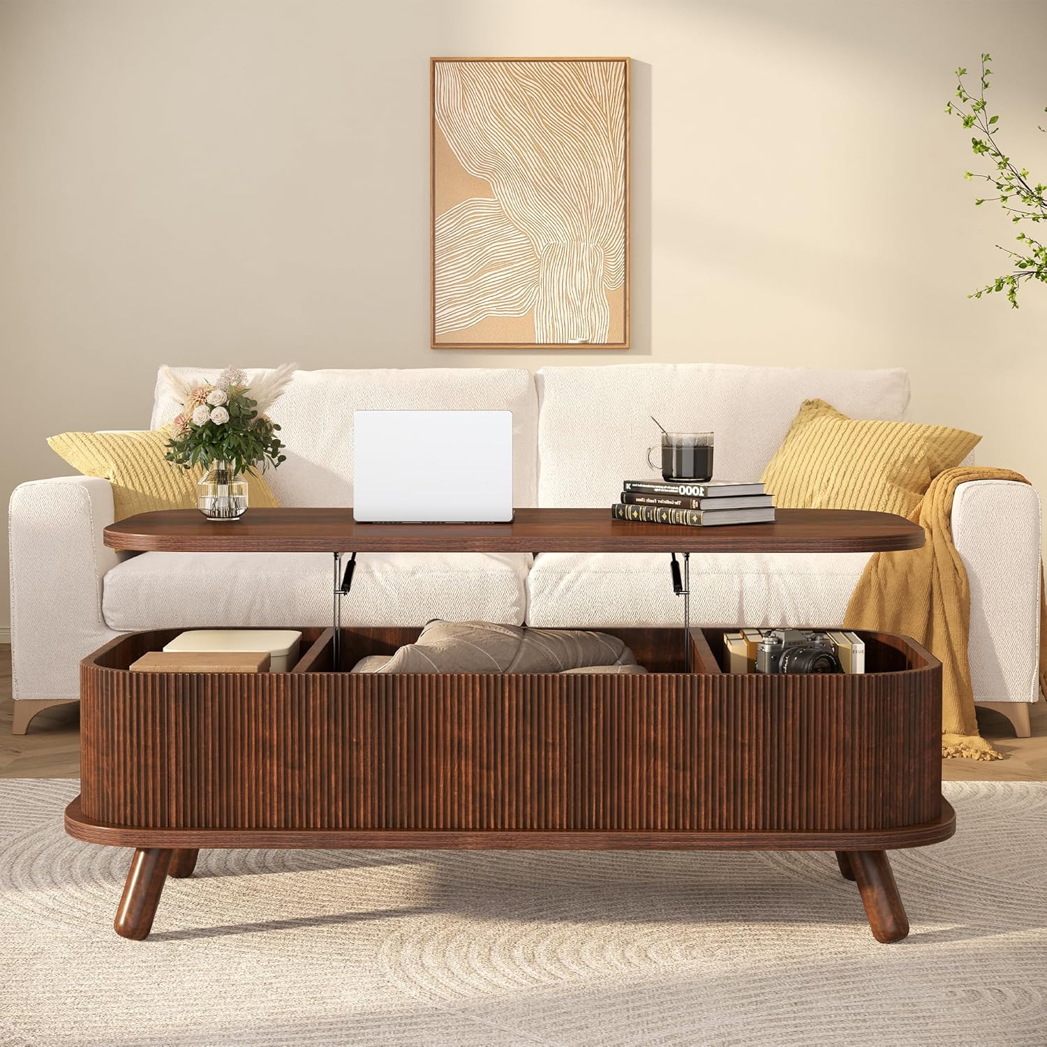 knoworld Fluted Lift Top Coffee Table with Storage, 47" Oval Coffee Table with 3-Partition Hidden Compartment, Mid Century Modern Wood Center Table for Living Room, Work & Dining from Sofa, Walnut