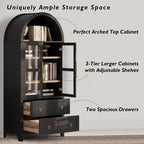 71" Tall Arched Kitchen Pantry Cabinet with 2 Large Drawers, Modern Farmhouse Kitchen Storage Cabinets with Adjustable Shelves, Glass Door, Wood Versatile Cupboard for Kitchens, Dining Room (Black)