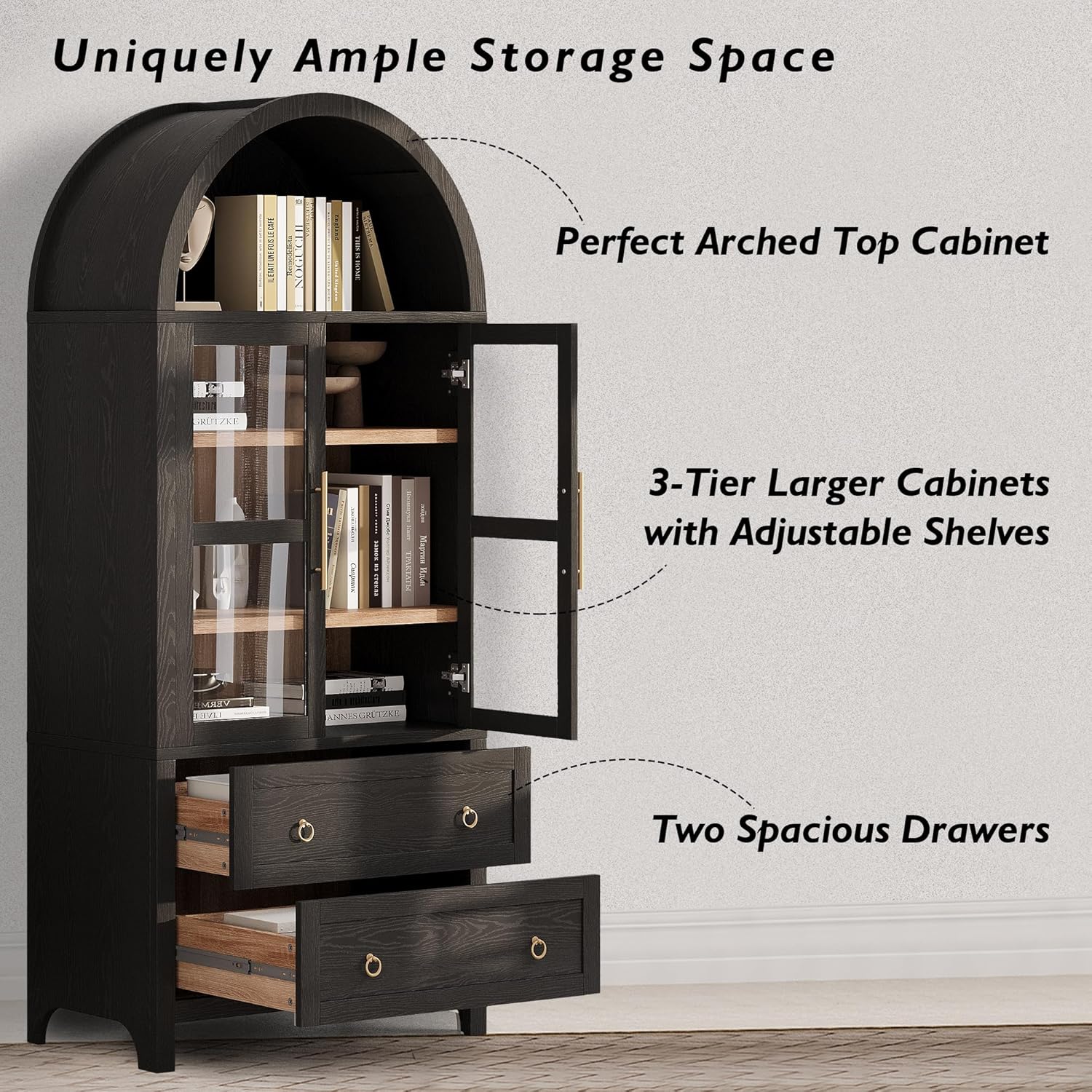 71" Tall Arched Kitchen Pantry with Glass Doors and 2 Large Drawers, Farmhouse Kitchen Storage Cabinet with Adjustable Shelves, Wood Versatile Cupboard for Dining Room (Black-3.12)