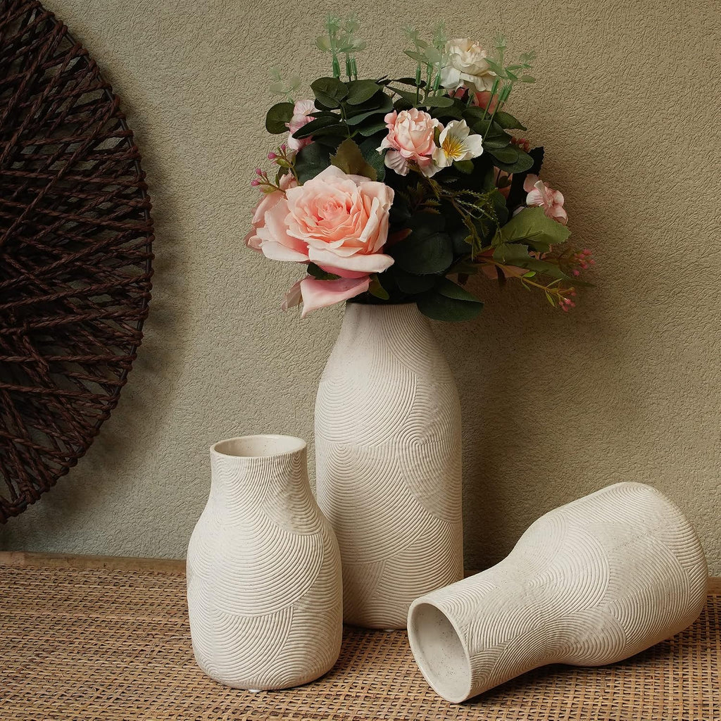 Ceramic Vases for Home Decor - Matte White Textured Vase Set of 3, Decorative Vases for Flowers, Pampas Grass Arrangement, Table Centerpieces, Office and Living Room Boho Decor