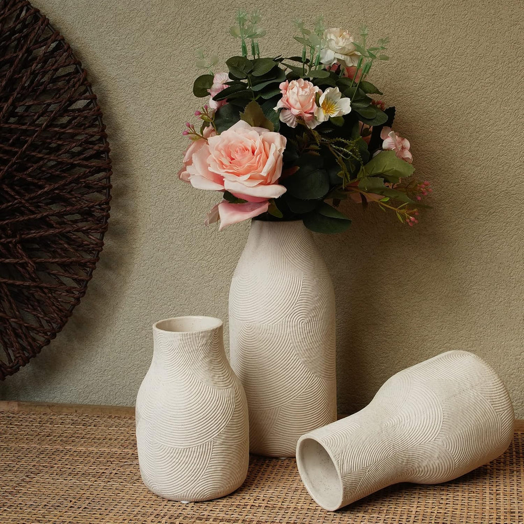 Ceramic Vases for Home Decor - Matte White Textured Vase Set of 3, Decorative Vases for Flowers, Pampas Grass Arrangement, Table Centerpieces, Office and Living Room Boho Decor