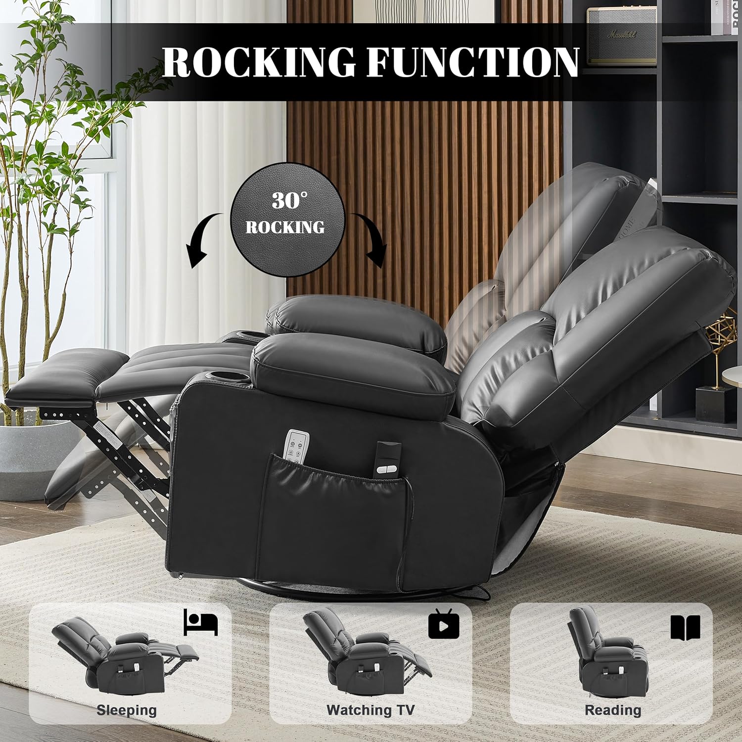 Oversized Recliner Chairs for Adults, 270° Swivel Rocker Recliner with Heat and Massage Lazy Boy Recliner, Recliner Chairs Single Sofa Seat with Cup Holders (Black, Electric)