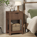 MECHYIN Nightstand Set of 2 with Charging Station, Fluted Bedside Table with Drawer & Open Shelf, Mid-Century Modern Wood Furniture End Table for Apartment, Dorm, Bedroom, (Walnut, with Outlet)
