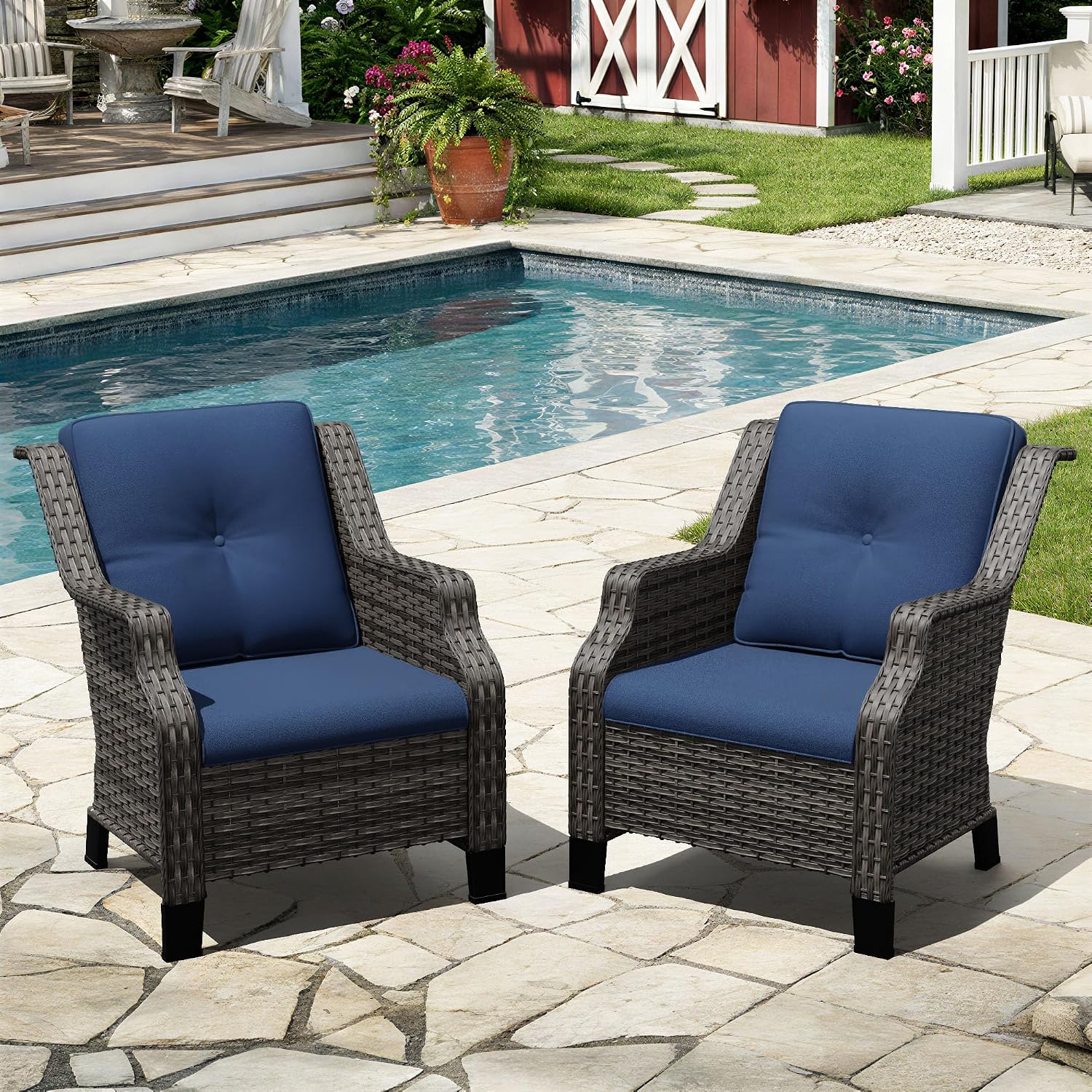 Outdoor Patio Chairs Set of 2, Wicker Patio Furniture with Thick Cushions, Curved Armrest, Deep Seating, Rattan Outdoor Chairs for Porch, Deck, Balcony