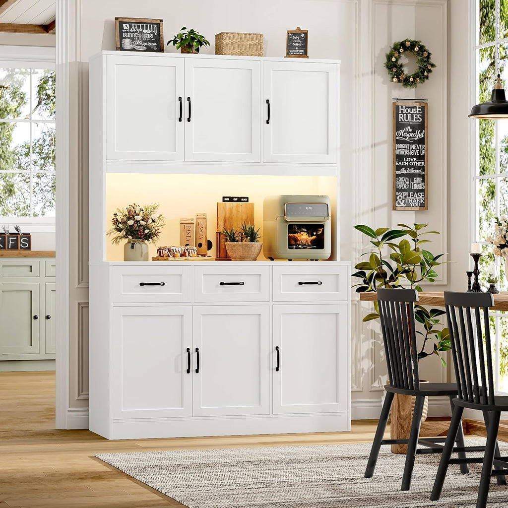 HOSTACK 72" Tall Kitchen Pantry Cabinet with Charging Station | LED Lights, 47" W Kitchen Pantry Storage Cabinet with Countertop, Modern Kitchens Hutch Cabinets with Storage for Dining Room, White