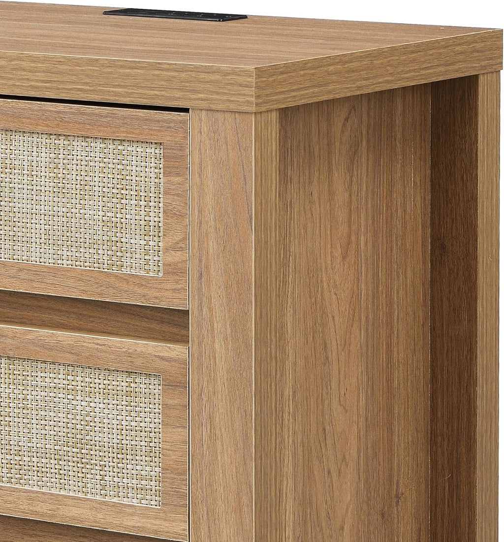 XIAO WEI 23.6“W 3 Drawer Set of 2 Rattan Nightstand with Charging Station, Boho Bedside Table, Tall End Table for Bedroom, Wood Accent Bed Side Table with Storage, Reclaimed Light Oak