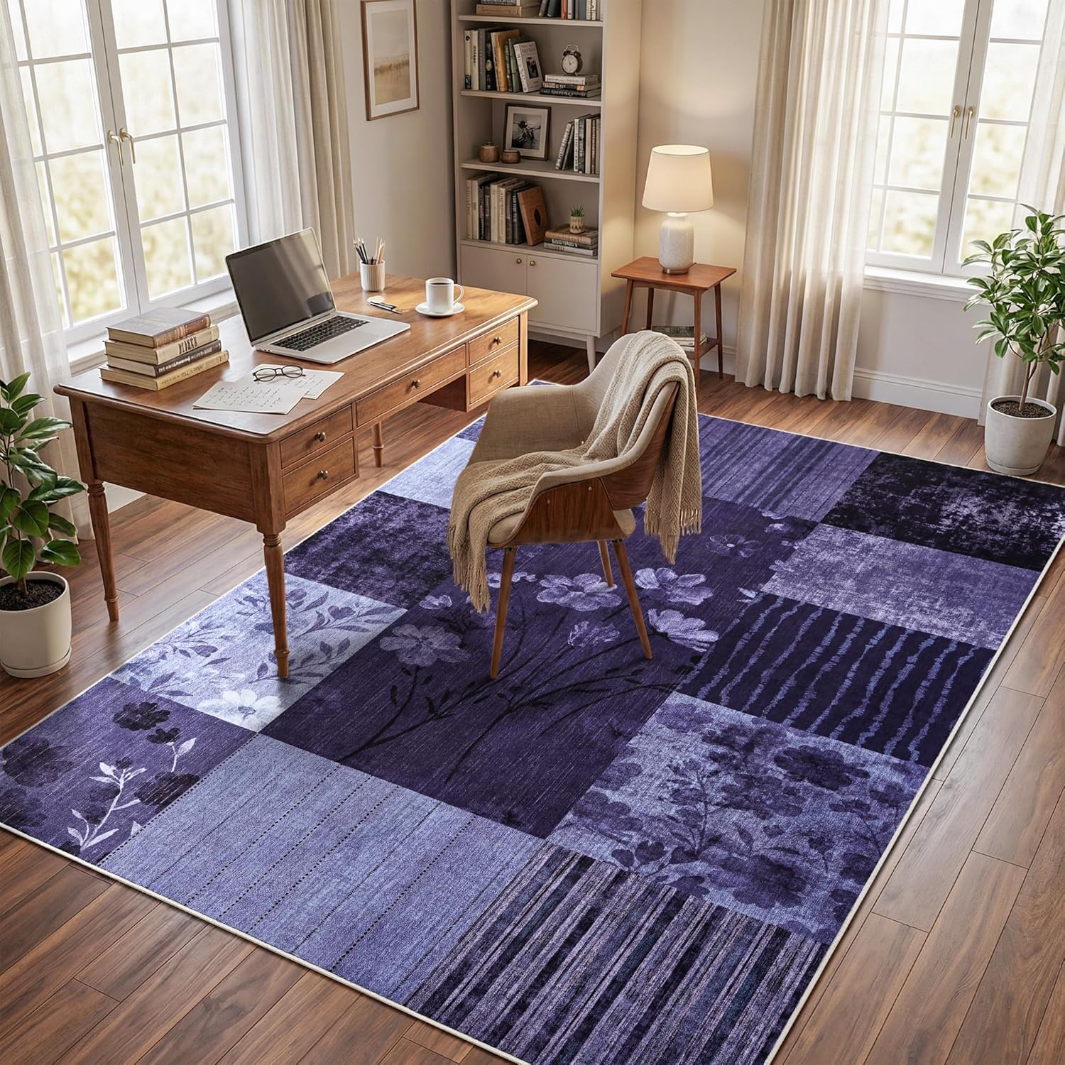 Modern Area Rugs for Living Room, 4x6 Feet Geometric Patchwork Rug, Washable Non-Slip Indoor Low Pile Carpets for Bedroom Dining Room Office Playroom Home Dorm Decor, Dark Purple