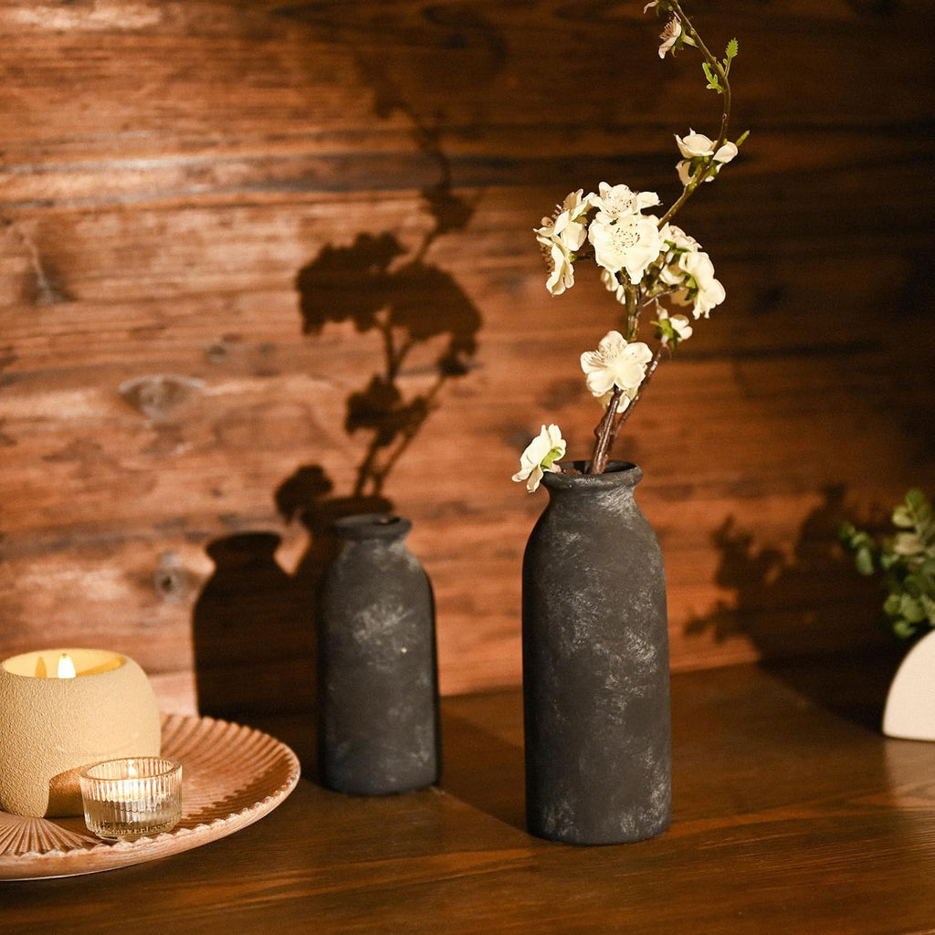 VICTOR & TERESA Black Ceramic Vases Home Decor, Flower Vase Set of 2, Farmhouse Vase for Flowers, Rustic Decorative Vases for Pampas Grass, Table, Living Room, Shelf, Centerpieces, 8 inch