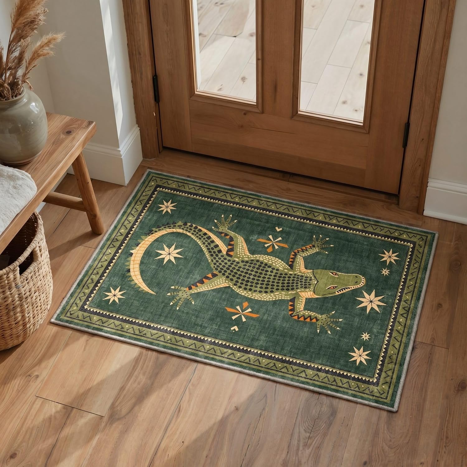 Bavni 2x5 Runner Rug Non Slip Washable Low Pile Print Rug for Hallway Kitchen Laundry Room Bedroom Bathroom, Alligator Forest Green