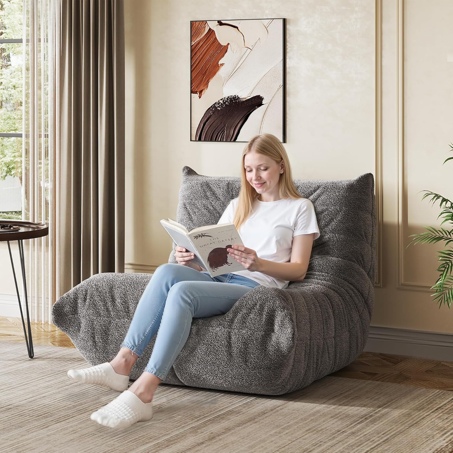 WLIVE Bean Bag Chair for Adults, Teddy Fleece Togo Chair, Giant, Memory Foam, for Living Room and Bedroom, Single, Grey