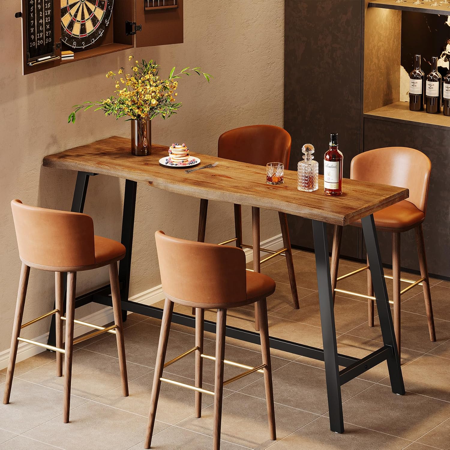 Solid Wood Bar Table, 55-Inch Counter Height Pub Table with Sturdy Metal Frame, Industrial Narrow Bar Table for Pub Kitchen Living Room, Rustic Brown