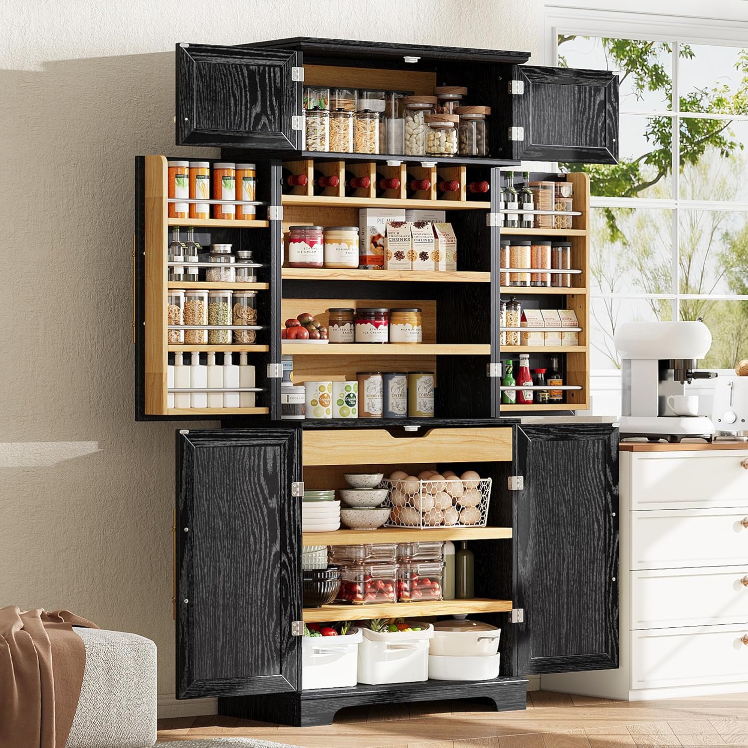 Farmhouse Pantry Cabinet with 8 Door Shelves and Adjustable Shelves, Tall Storage Cabinet with Hidden Drawer and Wine Rack, Versatile Wood Cupboard for Kitchen, Dining, Bathroom (Ash Black)