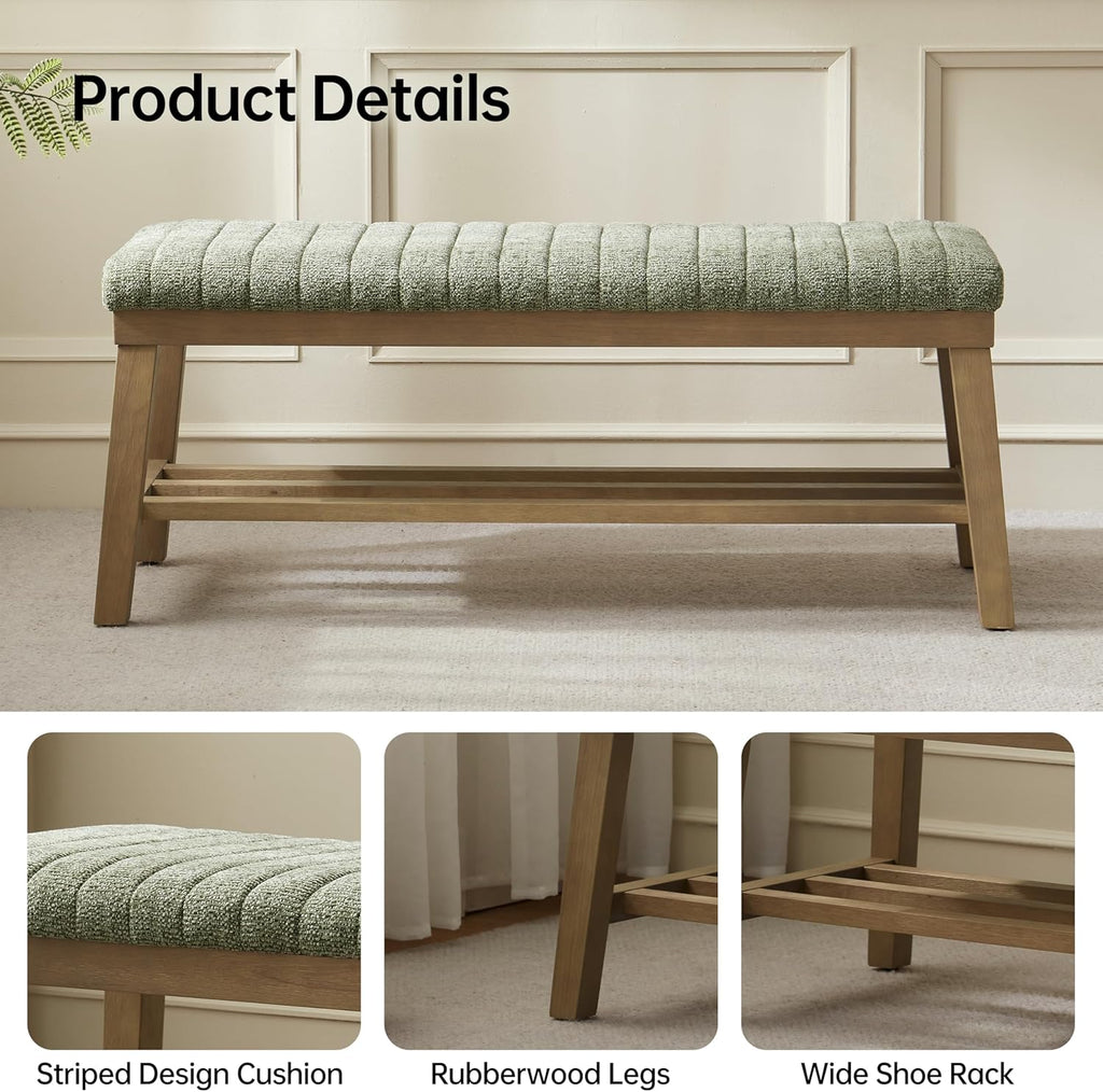 VKNOW Entryway Bench, 44.4" Upholstered Storage Shoe Bench for Entryway & Bedroom, Shoe Rack Bench with Rubberwood Legs, Modern End of Bed Bench for Living Room and Hallway, Green
