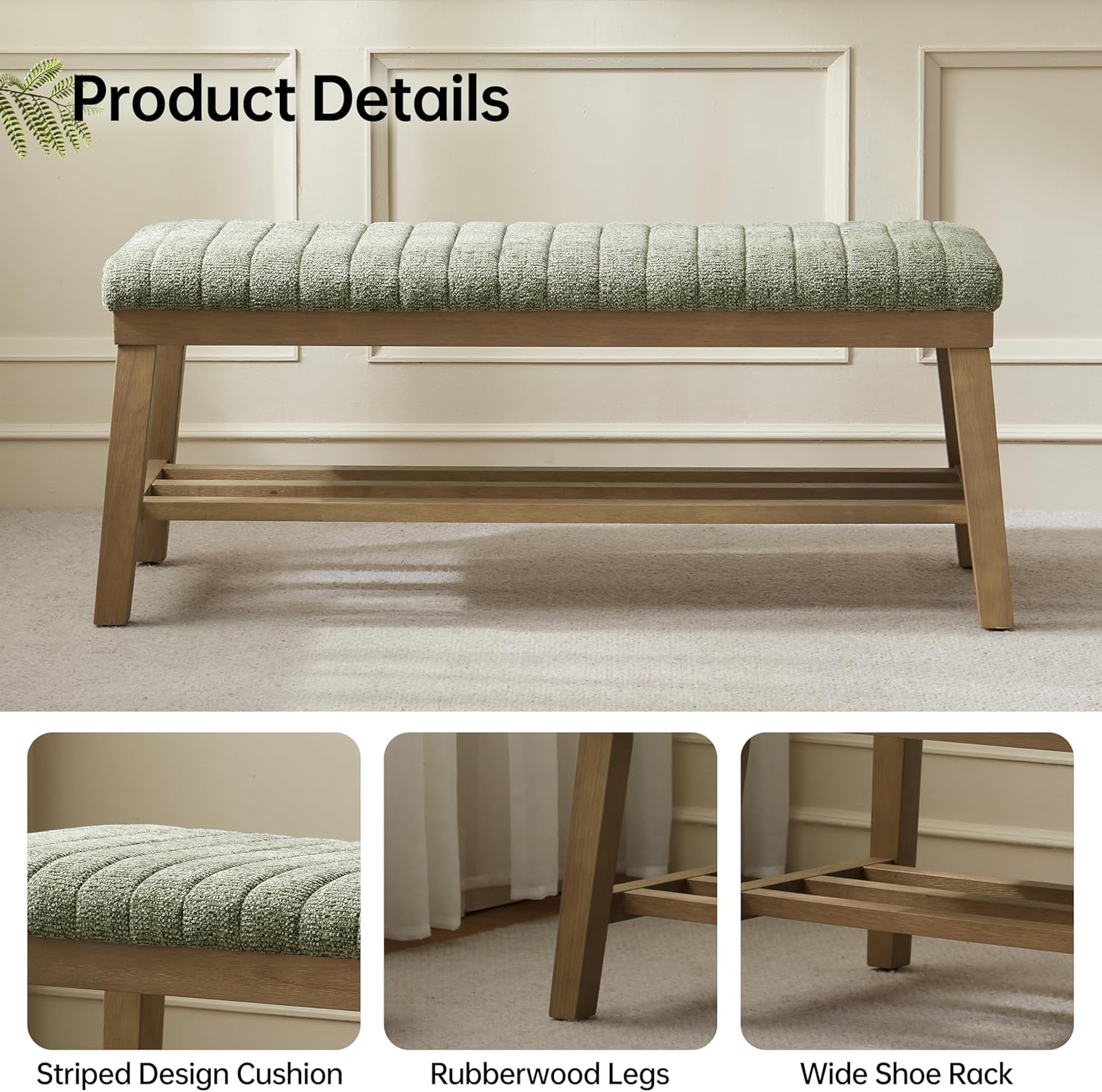 VKNOW Entryway Bench, 44.4" Upholstered Storage Shoe Bench for Entryway & Bedroom, Shoe Rack Bench with Rubberwood Legs, Modern End of Bed Bench for Living Room and Hallway, Green