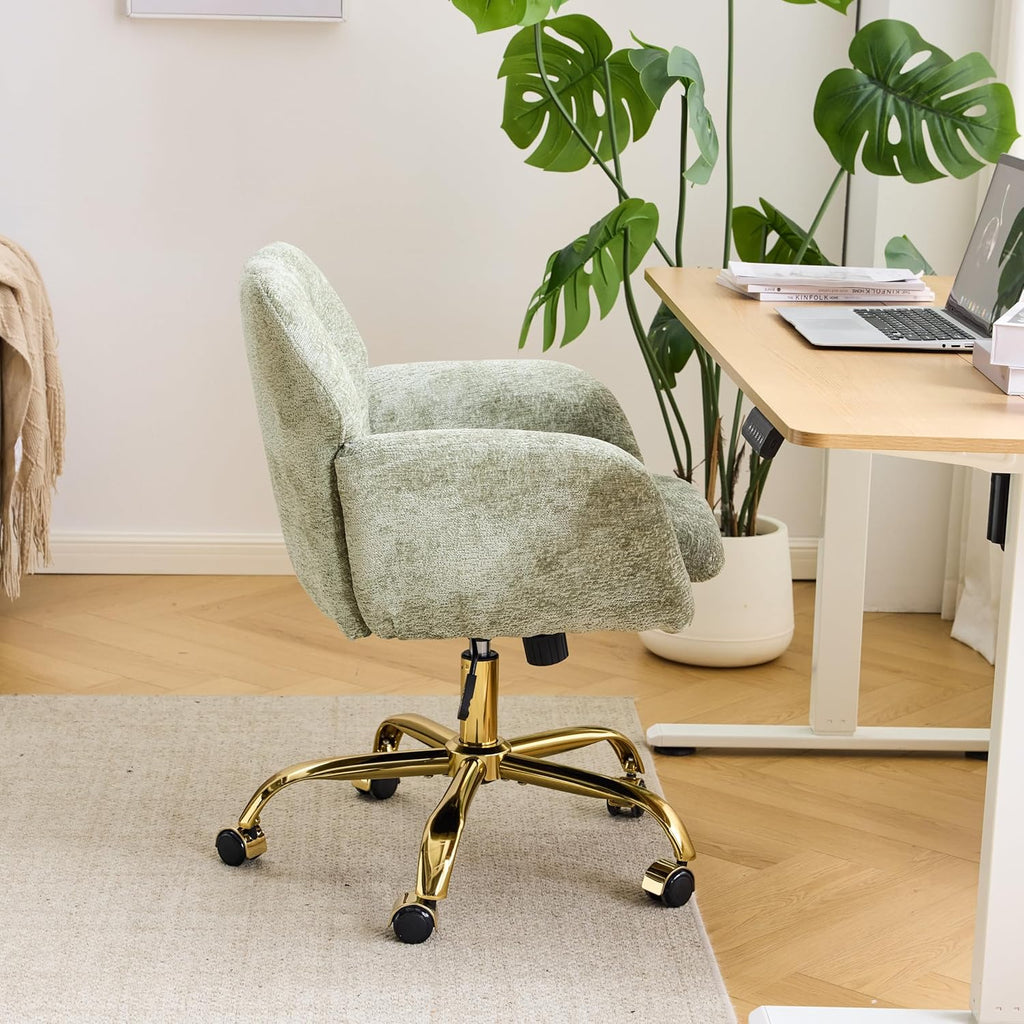 VINGLI Comfy Fuzzy Vanity Chair, Swivel Makeup Chair with Wheels, Upholstered Height Adjustable Armchair with Gold Base, Modern Ergonomic Desk Chair for Bedroom, Home Office, Olive Green
