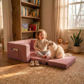 TinyPalsa Foldable Toddler Couch with Soft Sherpa Cover, 2-in-1 Comfy Toddler Sofa & Lounger for 3+ Years Old Girls Boys, Kids Chair with Pockets & Handle for Reading, Playroom (Pink)