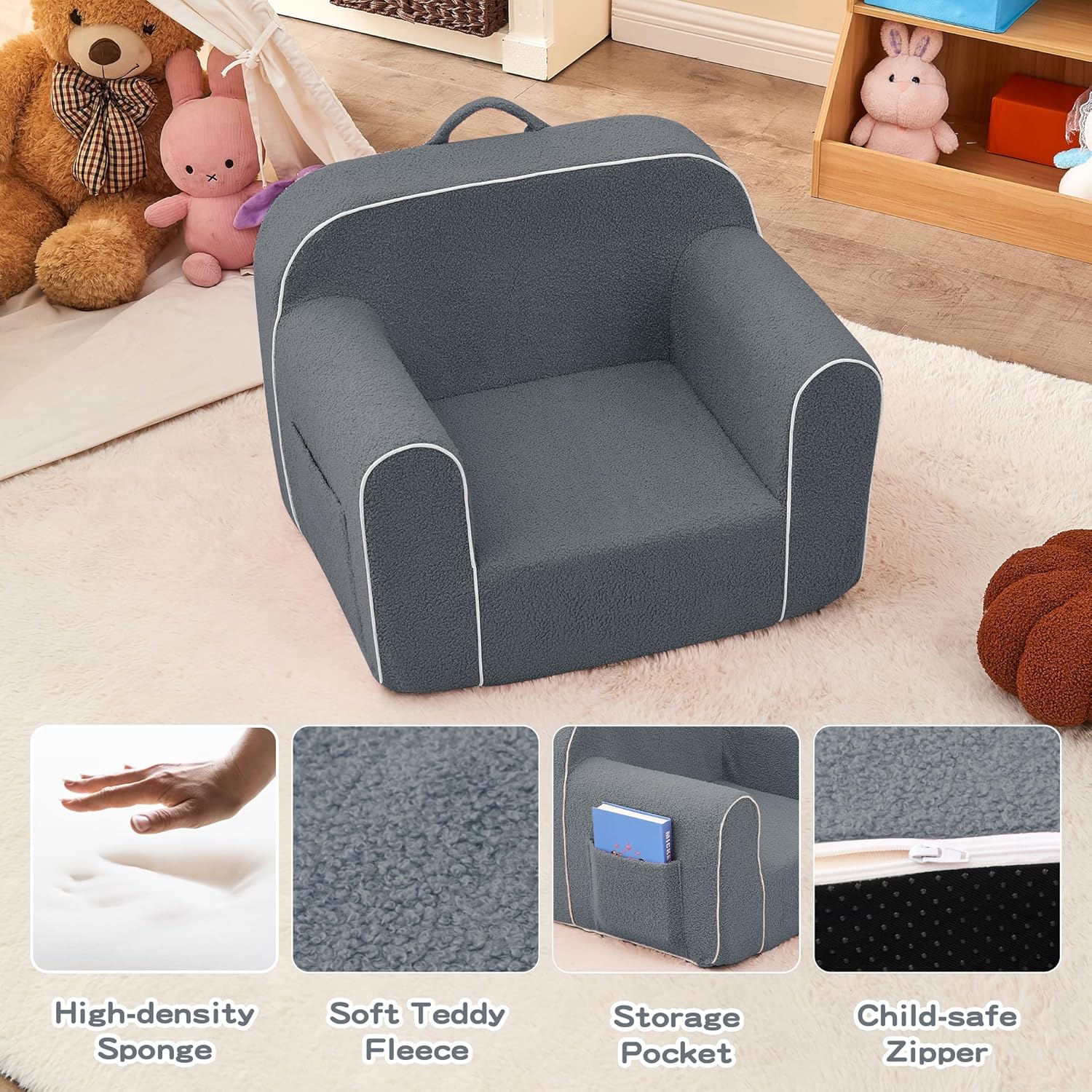 DAICO Soft Kids Bean Bag Chair with Armrests, Comfy Toddler Foam Sofa Chair for Boys and Girls, Toddler Play Couch for Reading Nook & Playing, Grey, Small