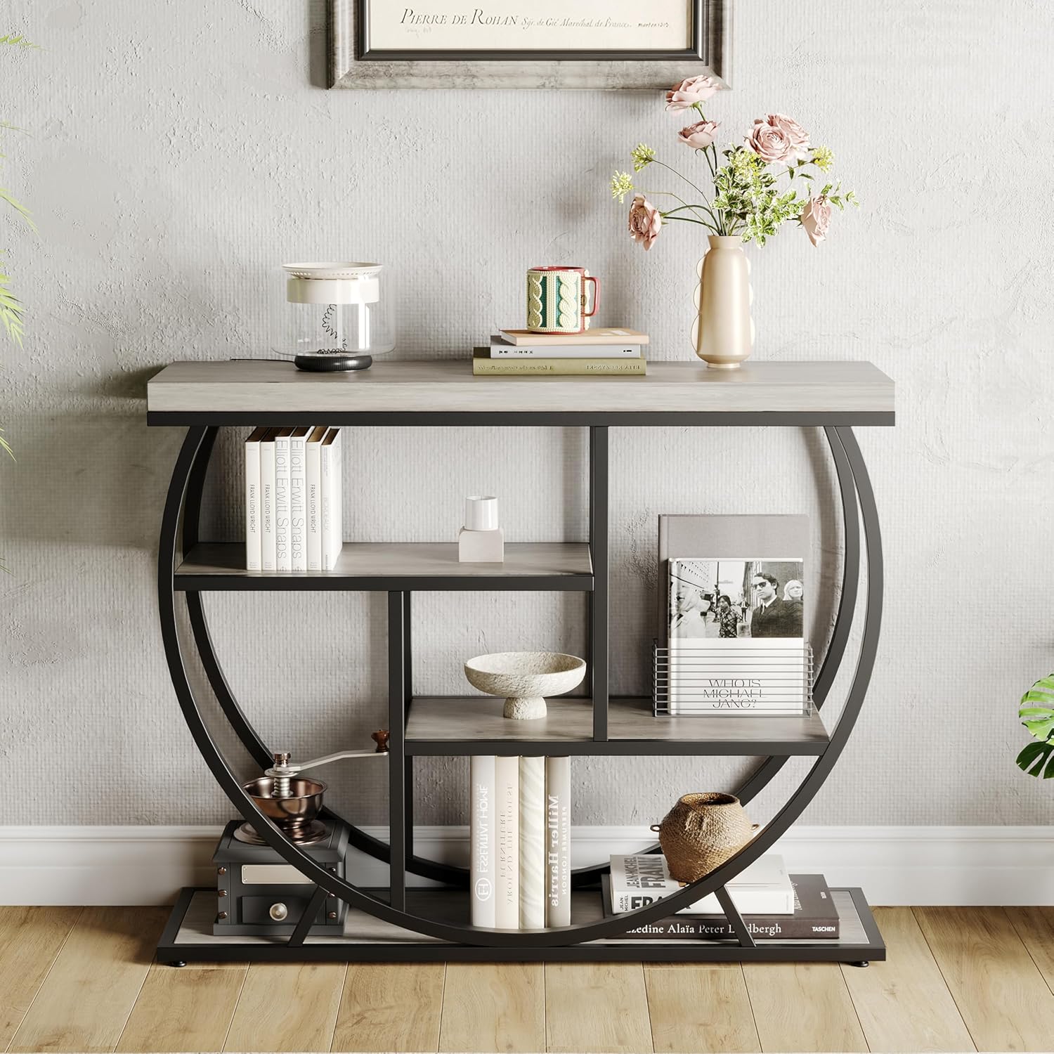 Garvee Entryway Table with Storage, Industrial 4-Tier Narrow Console Table Behind Couch with Half-Circle Base & Storage Shelves for Living Room, Hallway, Foyer