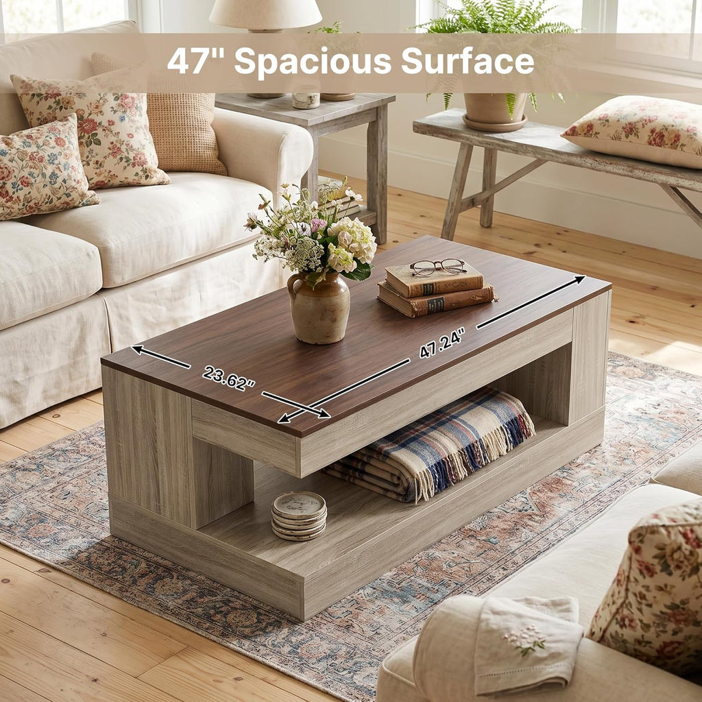 Farmhouse Coffee Table for Living Room, 47 Inch Coffee Tables with Storage & LED Light, Thickened Wood Rectangular Living Room Table, Two-Tone, Walnut &Light Ash White