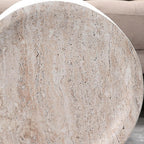 SSLine Modern Round Drum Side Table for Living Room Beige Travertine Finish Circle End Table Faux Stone Drum-Shape Accent Side Table for Home Office,Magnesium Oxide, Fully Assembled