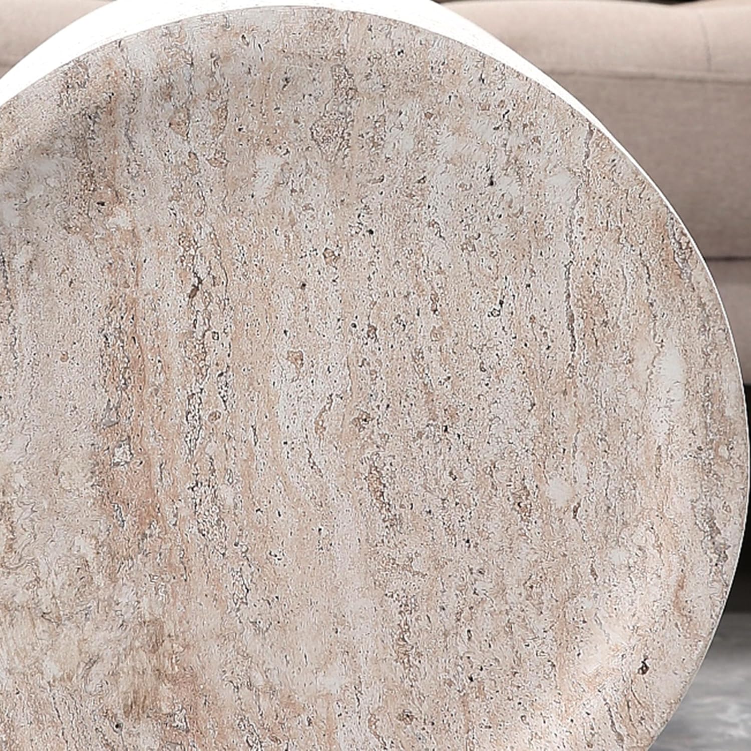 SSLine Modern Round Drum Side Table for Living Room Beige Travertine Finish Circle End Table Faux Stone Drum-Shape Accent Side Table for Home Office,Magnesium Oxide, Fully Assembled