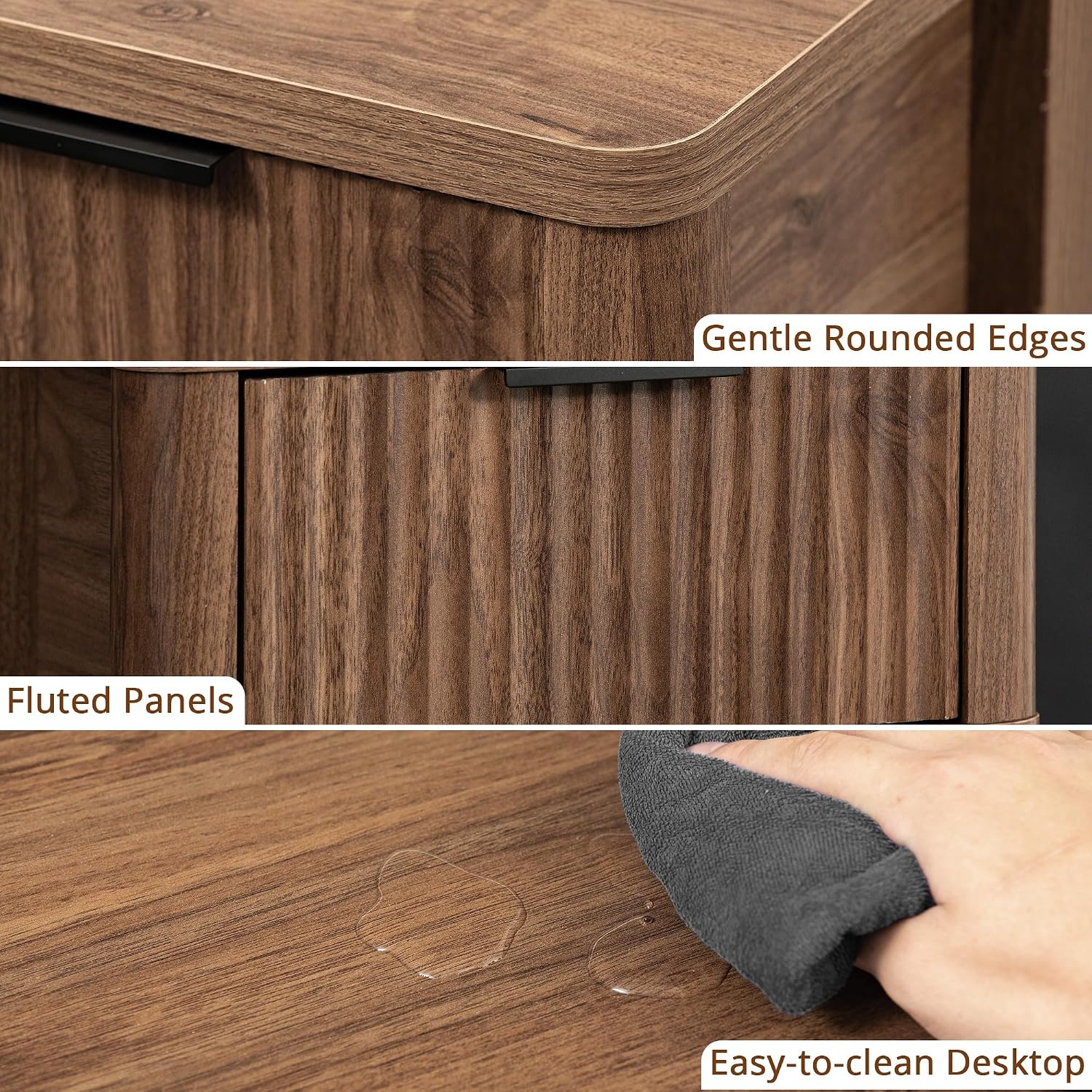 MECHYIN Nightstand Set of 2 with Charging Station, Fluted Bedside Table with Drawer & Open Shelf, Mid-Century Modern Wood Furniture End Table for Apartment, Dorm, Bedroom, (Walnut, with Outlet)