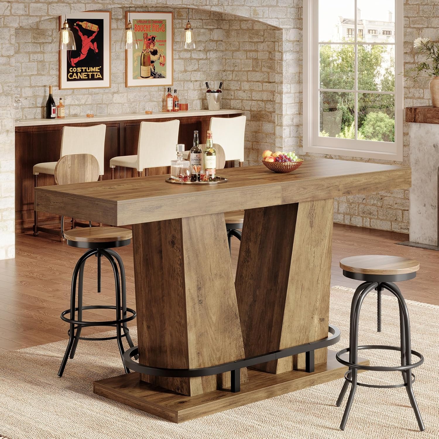 Tribesigns 62.99" Industrial Bar Table for 4-6, Rectangle Counter Height Pub Table with Metal Footrest, Home Bar Units for Pub, Bistro, Kitchen, Balcony, Dining Room, Living Room (Rustic Brown)