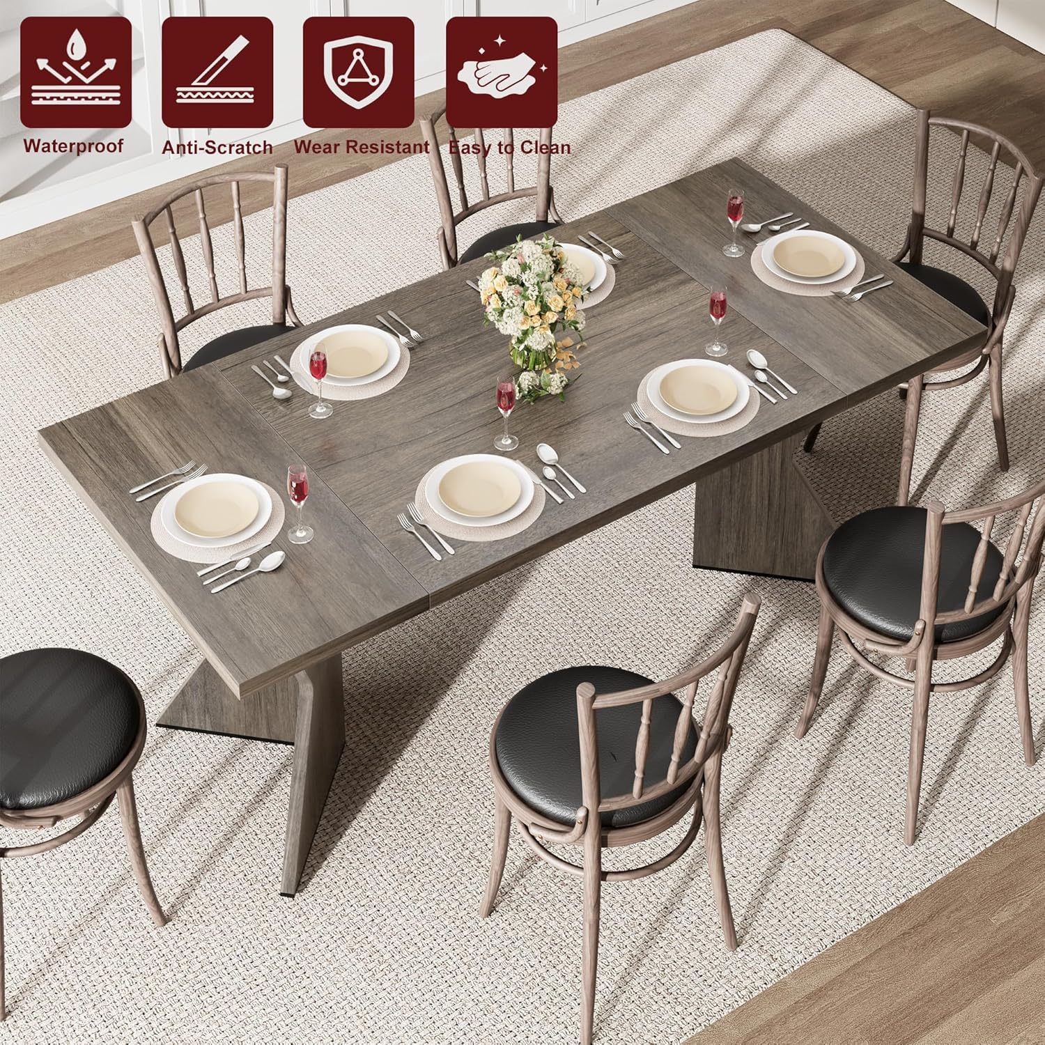 GarveeHome 70.9'' Dining Table for 6, Farmhouse Rectangular Kichen Table with Sturdy Frame and “V” Leg, Wooden Thickened Long Desk and Dinner Desk for Dining Room, Kitchen, Office, Game Room(Grey)