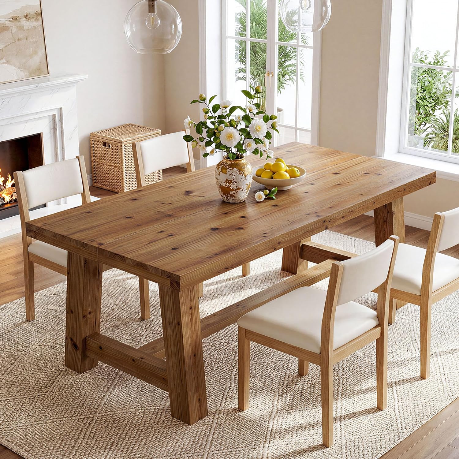 63-Inch Solid Wood Dining Table, Farmhouse Kitchen Table for 4-6 People, Rectangular Wooden Dinner Table with Thick Top & Trestle Base, Natural Wood