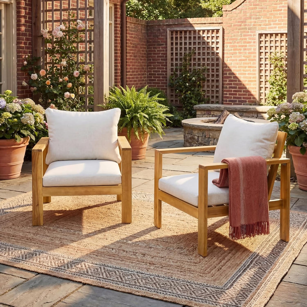 Merax 2 Piece Outdoor Patio Single Acacia Wood Chair with Water-Repellent Cushion, Transitional Lounge Armchair for Garden, Deck & Poolside