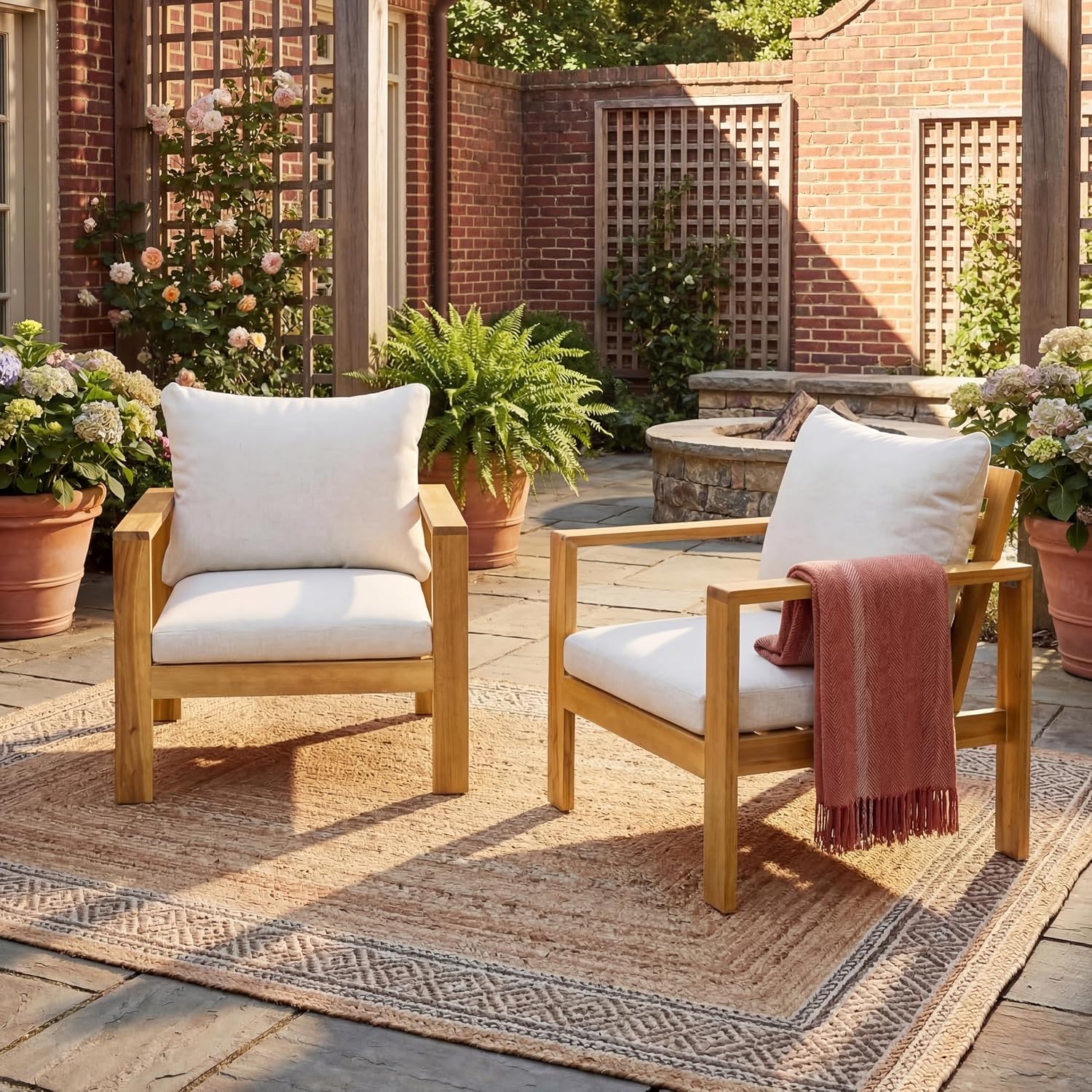 Merax 2 Piece Outdoor Patio Single Acacia Wood Chair with Water-Repellent Cushion, Transitional Lounge Armchair for Garden, Deck & Poolside