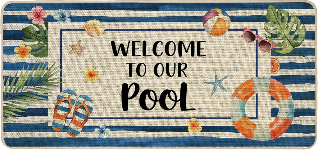 Baccessor Summer Pool Doormat 17x36 Inch Long, Welcome to Our Pool Tropical Poolside Low Profile Door Mat Non-Slip Rubber Backing for Floor Entrance Seasonal Outside Patio Porch Home Decor