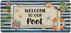 Baccessor Summer Pool Doormat 17x36 Inch Long, Welcome to Our Pool Tropical Poolside Low Profile Door Mat Non-Slip Rubber Backing for Floor Entrance Seasonal Outside Patio Porch Home Decor