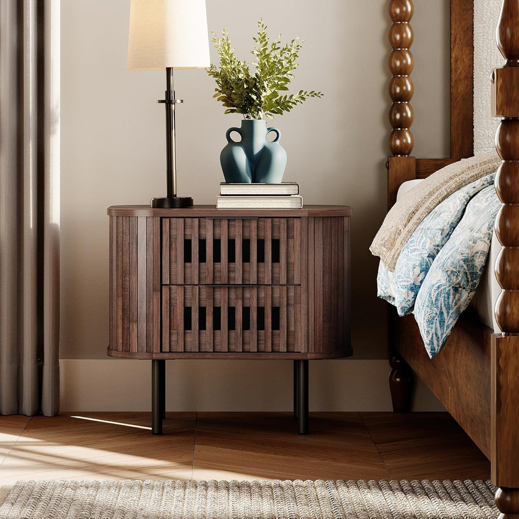 WAMPAT Fluted Nightstand, Modern Wooden End Table with 2 Drawer, Storage Bedside Table for Bedroom and Living Room
