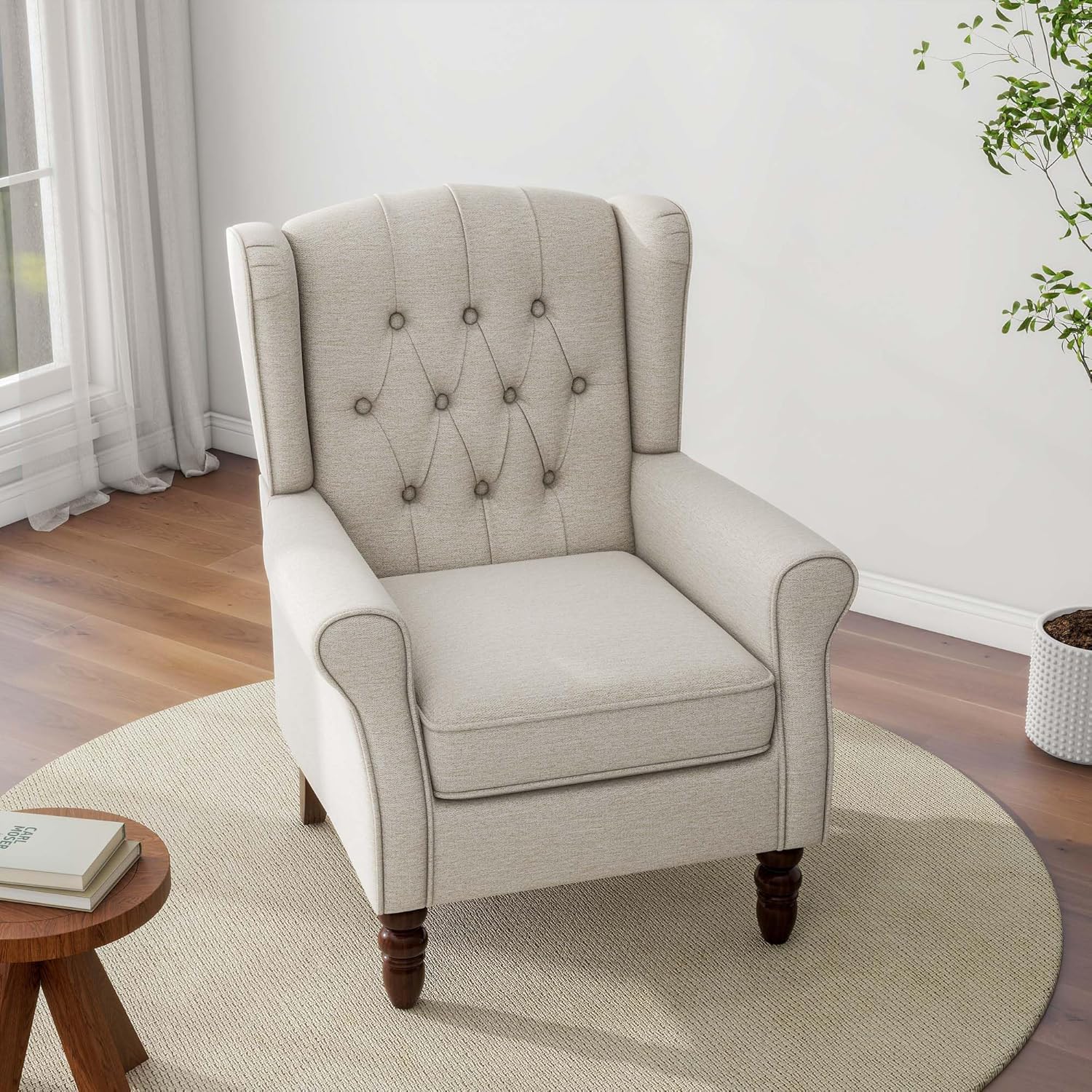 Accent Chair, Upholstered Armchair with Button Tufted High Back & Solid Wood Legs, Comfy Wingback Reading Single Sofa Chair for Small Spaces, Living Room, Bedroom