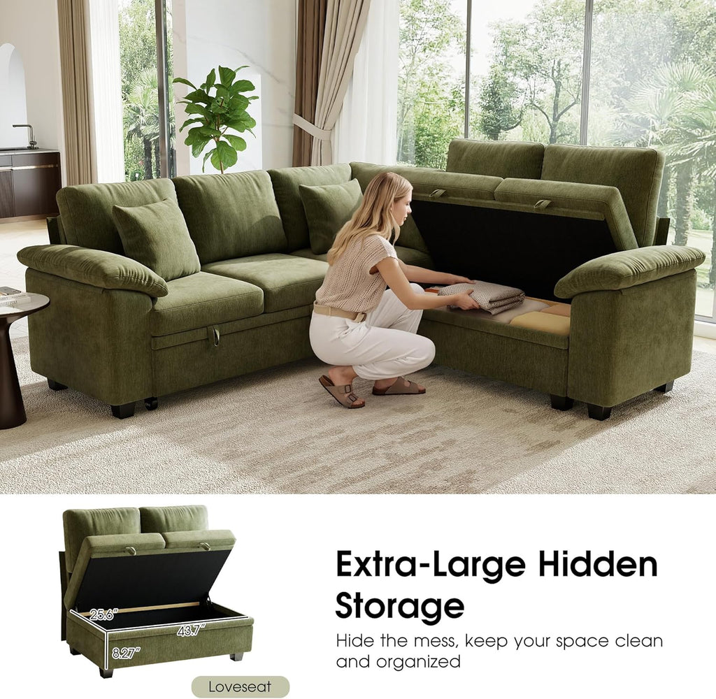 86" Modular Sectional Sleeper Sofa with Pull Out Bed, L Shaped 5 Seat Couch with 151L Storage, Convertible Cloud Couch Bed, Sectional Couches for Living Room, Apartment (Green)