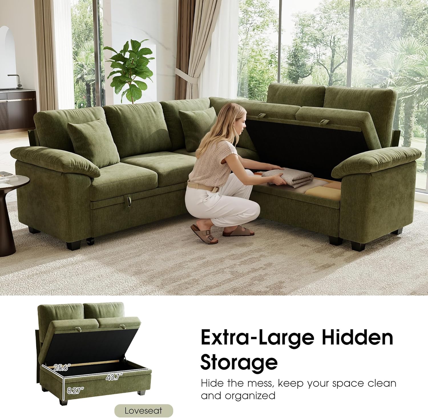 86" Modular Sectional Sleeper Sofa with Pull Out Bed, L Shaped 5 Seat Couch with 151L Storage, Convertible Cloud Couch Bed, Sectional Couches for Living Room, Apartment (Green)